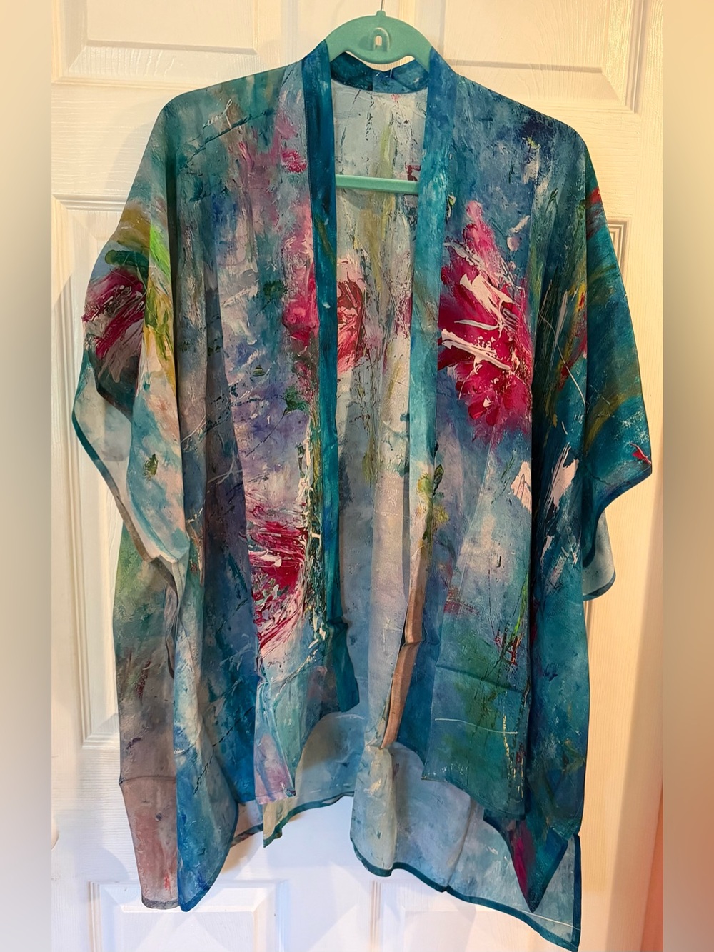 Watercolor Floral Sheer Kimono in Teal and Pink - Maria Nicola, one size